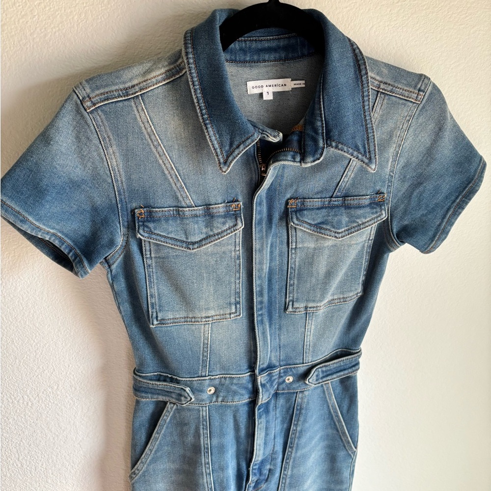 Americana Good American Light Blue Denim Jumpsuit size 1 w/as adjustable waist - Picture 3 of 16